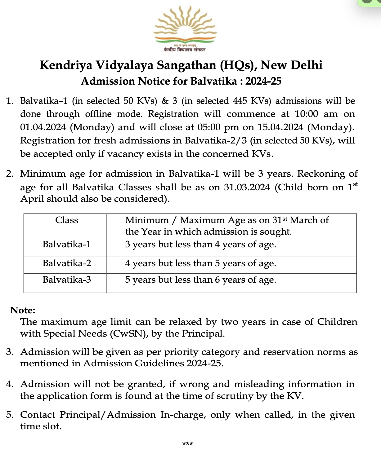 Kvs Balvatika Admission notice